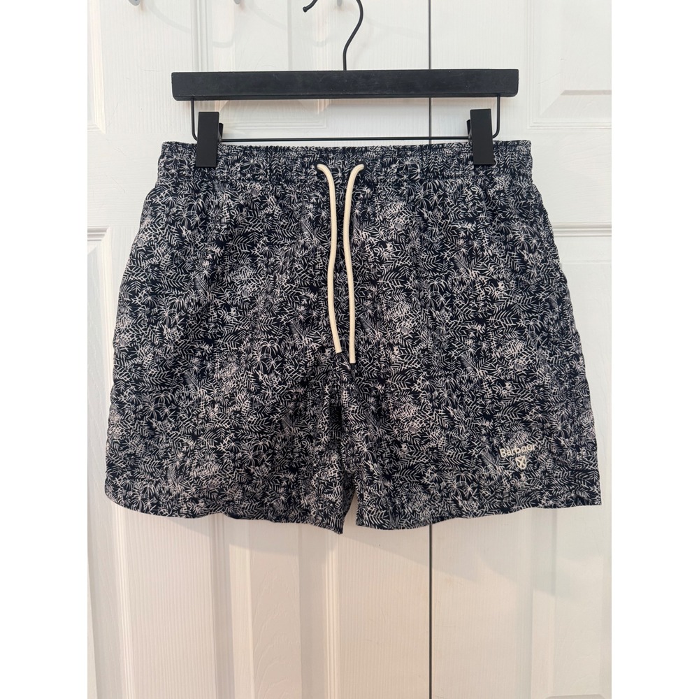 Barbour Mens Swim Shorts Navy White Botanical Leaf Print Mesh Lined Size Medium